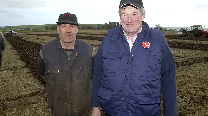 NEWS 8/3/2026 Pictured at a very windy 81st annual ploughing match at Bandon Co Cork was Kieran Keohane and Michael Wycherley from Bandon. Picture Denis Boyle