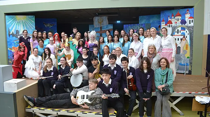 The cast and crew of Skibbereen Community School's musical The Little Mermaid on stage at the school this week.   (Photo: Anne Minihane)