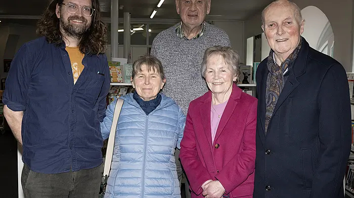 Caoimhín Mac an Fhálaigh, Máire Uí Laoghaire, Michael Patwell, Eileen Uí Mhathúna and Diarmuid O'Mhathúna at the Clonakilty Library fortnightly Ciorcal Comhrá (Irish conversation circle).    (Photo: Martin Walsh)