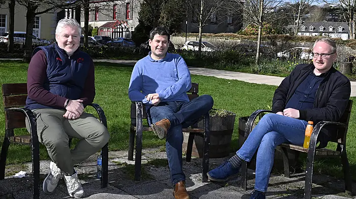 Jason Fleming (Butlerstown), Mark Griffin (Clonakilty) and Richard Kearns (Ballinascarthy) enjoying the spring sunshine in Kennedy Gardens, Clonakilty.  (Photo: Martin Walsh)