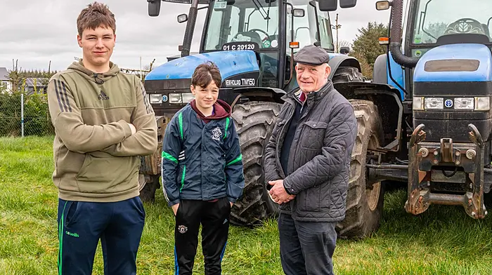 Fionnan and Colman McCarthy (Dunmanway) and their grandfather Bob Patterson (Ballinacarriga) at the Ahiohill Vintage Club’s charity tractor, truck, car and motorbike run which was held in aid of West Cork Rapid Response.   (Photo: Andy Gibson)