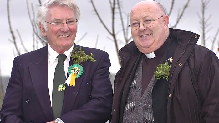 The late John Young, former chairperson of the Courtmacsherry Development and Festival Association, with Fr Pat Stevenson PP Barryroe and Courtmacsherry at the first St Patrick's Day Parade in Courtmacsherry, 2007.  John and his great friend Denny Healy, also sadly deceased, were the principal instigators of the parade in Courtmacsherry following a visit to Nevada (where Denny had previously resided) that proved to be the catalyst for the Courtmacsherry parade, which is a unique event with both a sea and land parade.   (Photo: Martin Walsh)