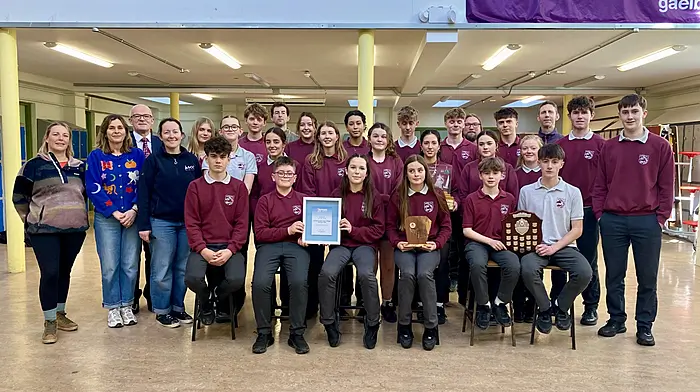 Front: Rory McCarthy, Oisin McCarthy, Hannah O’Callaghan, Millie Barrett McCarthy, Aidan O’Driscoll and Adam Whelton. Middle: Sinead Scully, Geraldine Hurley, Clodagh O’Driscoll, Kiva Scannell, Cecilia Garcia Coello, Sofia Harrap, Rosa Barrett, Robyn Whelton, Heidi Hogan, Lucy Copithorne, Ollie Johnson and Liam Coughlan. Back: Brendan Drinan, Fiona Mehaffey, Killian Power, Tim Lowney, Ruby McCarthy Fisher, Teagan Cash, Dylan O’Driscoll, Ryan O’Driscoll, Luke O’Connor, Aidan O’Reilly and Tony Sheehan.