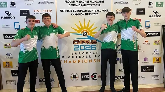 Tommy Deane was part of the winning Irish U18 team who recently won the European eight ball pool championships in Cyprus. From left: Cathal McNamara, Tommy Deane, Denny Bookle and Kian Hopkins.