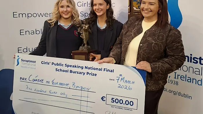 Fifth Year students Ella McCarthy and Milly Seaman from Coláiste na Toirbhirte with their teacher Nicole Keating. Both girls competed in the national finals of the Soroptimist Ireland Girls' Public Speaking Competition in the Mansion House, Dublin on Saturday March 7th where Milly emerged as the winner on the day. It marks a huge achievement for the school to have had two students competing in the final, and reflects the girls' hard work, ability, and charisma.