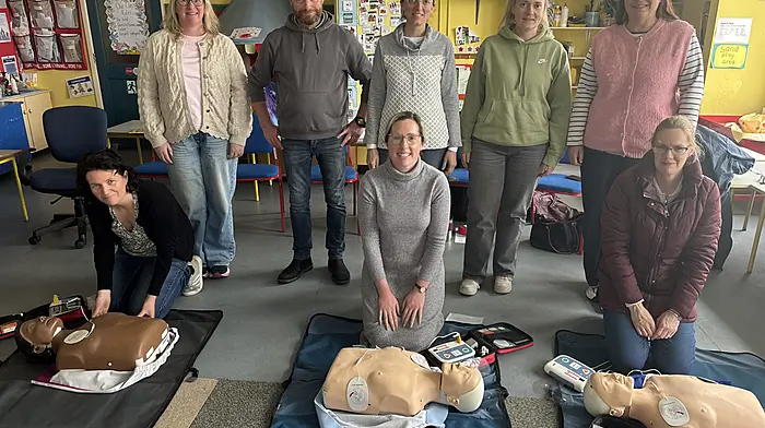 Some staff members from Rath National School who recently undertook a HeartSaver AED course with David Sheehy (chairperson, BOM) and Aidan Coughlan. Included are Evelyn Harrington, David Sheehy, Irene Lupton, Ellie Cronin, Dee Griffiths, Bébhinn Granaghan, Odharnait Collins and Niamh McCarthy.
