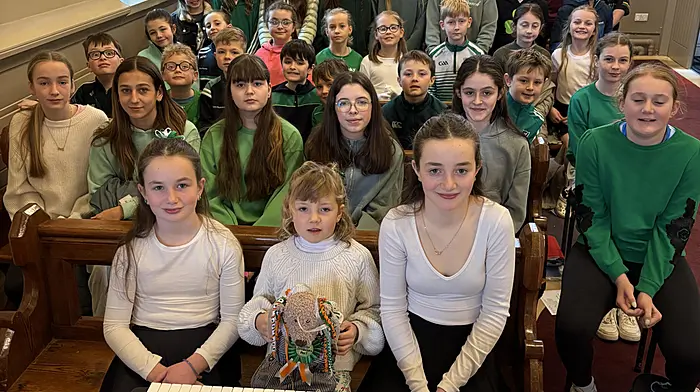 Pupils from Rath National School who took part in a special children’s mass to celebrate St Patrick’s Day in Sacred Heart Church, Rath. They participated in dancing, music and singing.