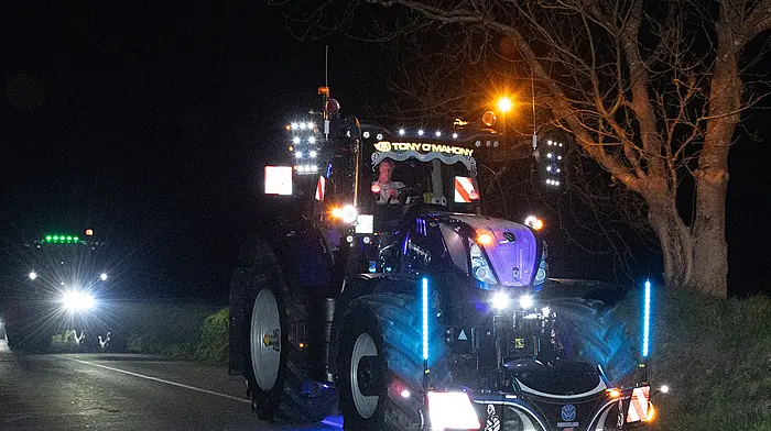 John Doody in his New Holland T7230 that won the Best Lit-Up Tractor award at the Seven Heads tractor run. The run was held as a fundraising event for the Courtmacsherry Rowing Club.    (Photo: Martin Walsh)