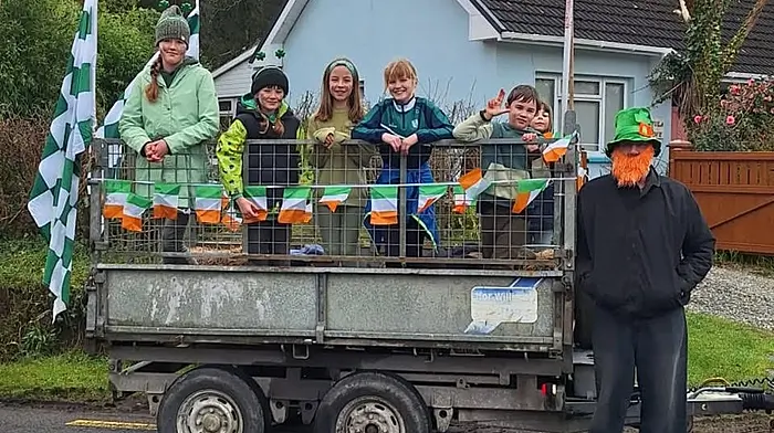 James O’Brien in heavy disguise at the St Patrick’s Day parade with his wagon load of cheeky children,  Cassie O’Brien, Everly O’Leary, Órla Quinlan, Emmie O’Leary, Joey Sweeney and Emily Quinlan.