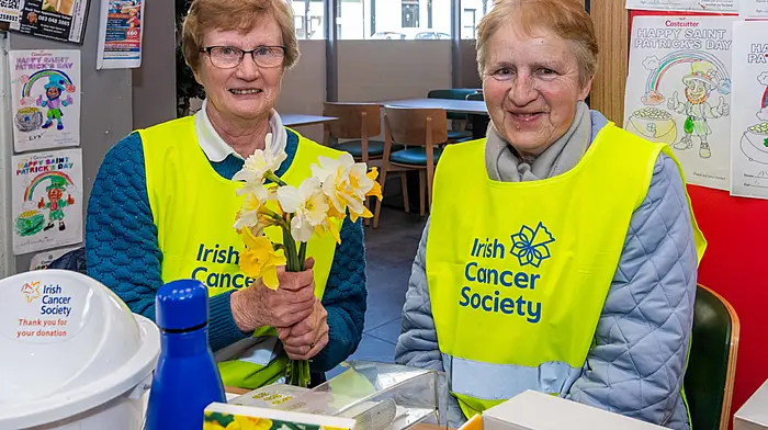 Dunmanway, West Cork, Ireland. 20th Mar, 2026. The Irish Cancer Society held its annual Daffodil Day today. Selling Daffodil Day products in Dunmanway were Ann Kelly and Máireád O'Donovan from Dunmanway. Picture: Andy Gibson.