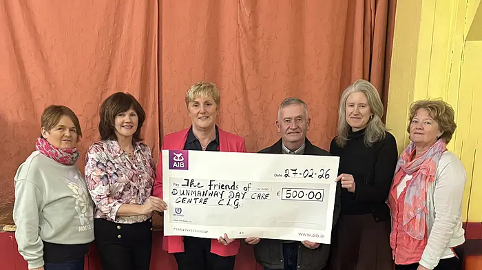 A cheque was presented to Anita O’Donovan of Dunmanway Day Care Centre recently which was some of the proceeds from a variety show which was held in Inchigeela Hall in December.  From left: Julie O’Dea, Marie O’Riordan, Anita O’Donovan, Seamus Twohig, Rosarie O’Leary and Eithne Casey.