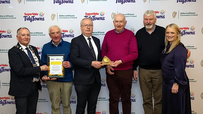John Hamilton, Francis hunt and John Hamilton at the awards ceremony in Tralee where they accepted their third gold medal in a row on behalf of Skibbereen Tidy Towns.  Photo courtesy of Don MacMonagle.