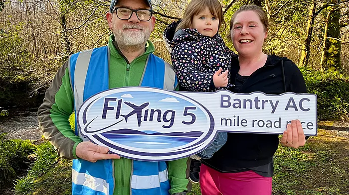 Gerard Harrington (director, Glengarriff parkrun run), with Flying 5 Mile Road Race organiser and committee member Caroline Manning and her daughter Lyla. The Flying 5 Mile Road Race will take place in Bantry April 19th.