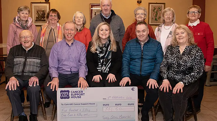 At the presentation of a fundraising cheque from the Toddy Collins memorial event were (front): John Luke Mccarthy, Jeremiah Shanahan, Olivia Grace (representing Cork ARC), Martin Collins and Breda Colilns.  Standing: Julia McDermott, Nora McCarthy, Mary Coakley, Tim Joe Hurley, Anita O'Sullivan, Kitty O'Donovan and Marion O'Regan.  (Photo: Martin Walsh)