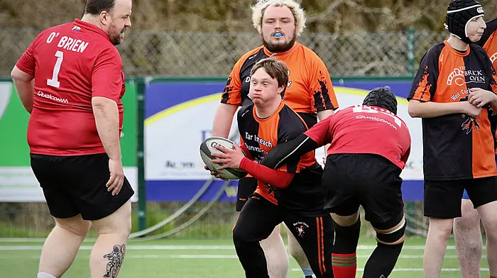 West Cork Jesters player David Keohane breaks free of a tackle by a Hellhounds player and went on to score a try at the rugby inclusion day hosted by Clonakilty RFC last Sunday. The day-long inclusive event featured a blitz for the underage teams from Cobh Pirates, Ballincollig Warriors, Clonakilty Tigers and West Cork Jesterlings. A ladies match with members from The Jesters, Bantry Bay, Clonakilty RFC and The Trailblazers followed and a men’s match, Jesters versus Corks Hellhounds, brought the successful inaugural event to a close.