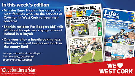 THE SOUTHERN STAR IS IN STORES NOW: Minister Emer Higgins agrees to meet families who use services of CoAction; Sherkin's Pat Rodgers tells all about epic sea voyage; Bandon's resilient hurlers are back in the county final Image