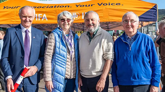 Bantry,. West Cork, Ireland. 3rd Oct, 2026. The IFA held an event to mark the 60th Anniversary of the 1966 Farmers Rights March from Bantry to Dublin today. The event, held in Bantry Square, the starting point of the march, drew a huge attendance, including 5 of the remaining original marchers. At the event were the Holland family (children of marcher Sean Holland) - Pat; Mary; Donie & Jack. Picture: Andy Gibson.