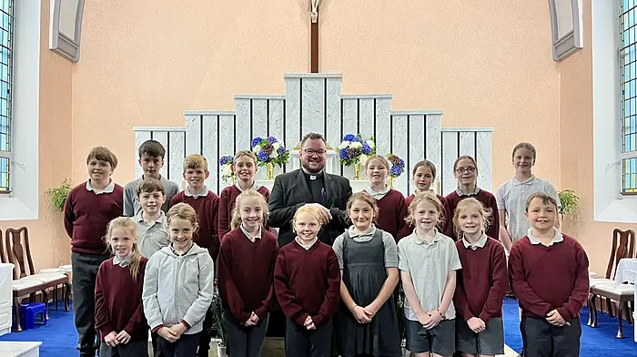 Third to sixth class pupils from Dromore National School who recently took part in altar serving training with Fr Ben Hodnett CC in Dromore Church, for the Bantry Family of Parishes. The school also thanked Mary Beamish (absent from photo) for her help with the training.