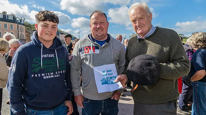 Seán and Finbarr Holland, Coomhola, descendants of Seán Holland (who was one of the participants), along with Richard Deasy, whose father was Rickard Deady, the NFA president at the time in 1966 on the NFA march from Bantry to Dublin, at the recent commemoration held in Bantry.  (Photo: Gearoid Holland)