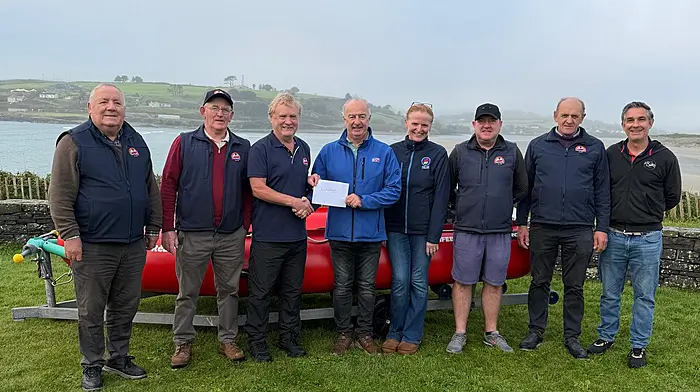 Justin Crowley, Inchydoney Summer Swim, presenting cheque to Val Lynch of Inchydoney Inshore Lifeboat following 8th annual Alice Crowley Inchydoney Summer Swim which was held on September 13. From left: John Collins, Michael McCarthy, Val Lynch, Justin Crowley, Margaret Deegan, John O’Sullivan, Leaslie Beamish and Darragh Murphy.