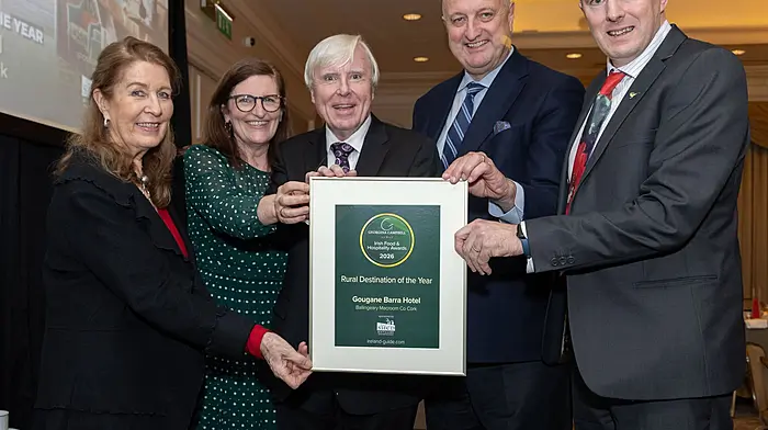 At the Georgina Campbell Irish Food & Hospitality Awards in Dublin last month were Georgina Campbell, Katy Lucey, Francis Brennan, PJ Rigney and Neil Lucey. The Gougane Barra Hotel won the Georgina Campbell Rural & Community Award sponsored by The Shed Distillery for Rural Destination of the Year.   (Photo: Paul Sherwood)