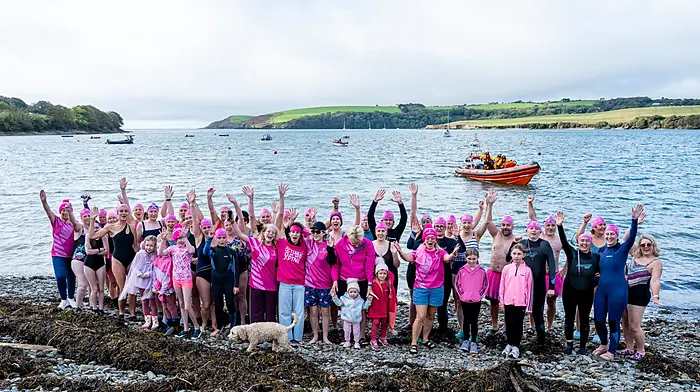 The Oysterbunch getting ready to brave the elements when they held a Swim in Pink event in aid of cancer research at Oysterhaven last Sunday.   (Photo: John Allen)