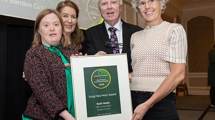 Nicola Healy and Ruth Healy of Urru Culinary Store, Bandon with the award for Long Haul Hero at the 2026 Georgina Campbell Irish Food and Hospitality Awards held in Dublin recently. From left: Nicola Healy, Ruth Healy, Francis Brennan and Georgina Campbell.  (Photo: Paul Sherwood)