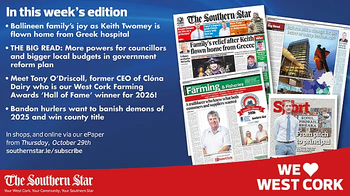 THE SOUTHERN STAR IS IN STORES NOW: Innishannon family's joy as Keith Twomey is flown home from Greek hospital; A scare at Samhain; Bandon hurlers want to banish demons of 2025 Image