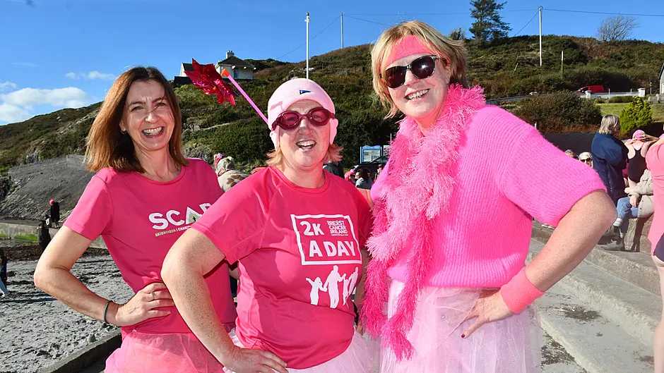 Supporting The Swim in Pink raising money for Breast Cancer Research at Tragumna Beach last Sunday afternoon were Finuala McCarthy, Skibbereen, Alison O'Neill, Oldcourt and Finuala Collins, Skibbereen. Photo; Anne Minihane.
