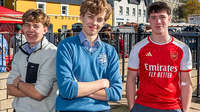 On a break from Coláiste Pobail Bheanntraí were Isaac Horgan, Sam Horgan and Art O'Leary, all from Kilcrohane, enjoying the market in Bantry.  (Photo: Andy Gibson)
