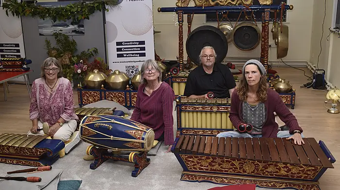 At the 10th anniversary celebrations of West Cork Community Gamelan, at the Family Resource Centre in Skibbereen are (from left) Mary Mooney,  Penny Dixey, Andrew Rawlings and Patricia O'Sullivan. Photo courtesy of Tomasz Madajczak.