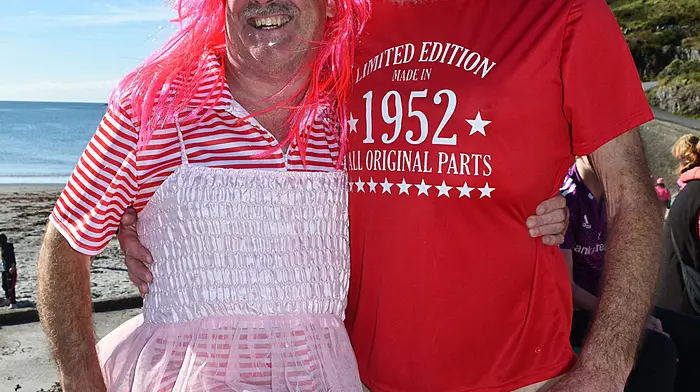Mark Salter-Townshend and Donnacha Hayes supporthing The Swim in Pink raising money for Breast Cancer Research at Tragumna Beach recently.   (Photo: Anne Minihane)