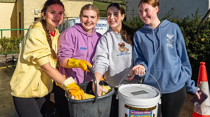 A Kilbrittain based charity group called 'The Community Offenders' hosted a charity car wash at Kilbrittain Community Centre last. Taking part in the car wash were Leah Clancy (Newcestown), Kate Lynch (Crossbarry), Kate Hallissey (Kilbrittain) and Eve Murphy (Crossbarry).    (Photo: Andy Gibson)