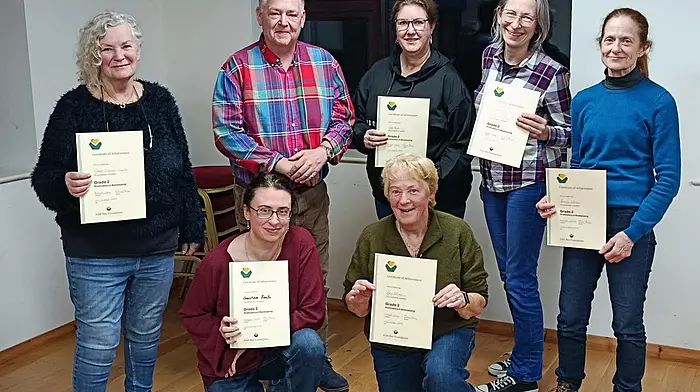 Irish Bee Foundation graduates received their Grade 2 certificates recently at the Fastnet Area Beekeepers Association AGM in the Ballydehob Community Hall. Included are  Michele O'Connor Connolly, Chris Dury (IBF director), Marie Hayse, Eleanor Fitzgerald, Elizabeth Jennings and Christina Figallo. Missing from the  photo are Elena Hermann, Geraldine O’Leary, Jessica McAuliffe and Tom Redmond.