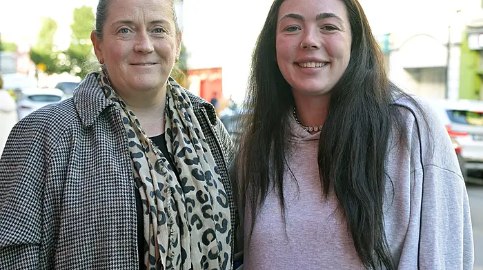 Locals Claire McGarry (left) and Mirren Leahy out and about in Pearse Street, Clonakilty.    (Photo: Martin Walsh)
