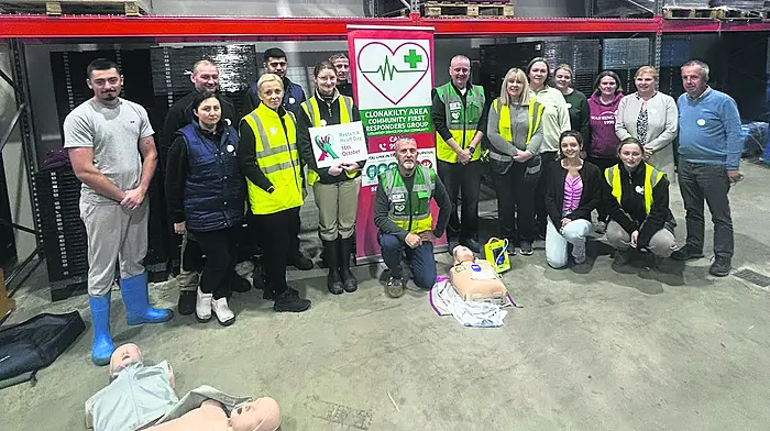 Members of Clonakilty Area Community First Responders with staff of Shannon Vale Foods following a demonstration on the basics of CPR and how to work a defibrillator at their factory premises on International Restart A Heart Day.