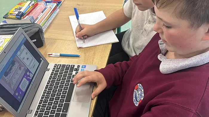Stephen O’Mahony and Sebastian O’Regan solving some maths problems online during Maths Week at Rath National School.