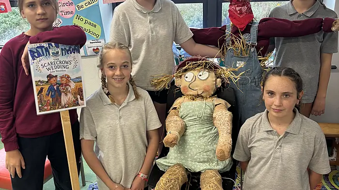 Pupils at Rath National School made their own version of Julia Donaldson’s ‘Scarecrow’s Wedding’ for the pumpkin patch at Skibbereen Garden Centre, with all proceeds going to Skibbereen Family Resource Centre. Included in the photo are Ola Parkhomenko, Róisín McDermott, Ella Keane, Edie Reilly and Hannah Sheehy, who were ably assisted by TY students Kitty, Neasa, Izzy and Lucy, who are all past pupils of Rath NS.