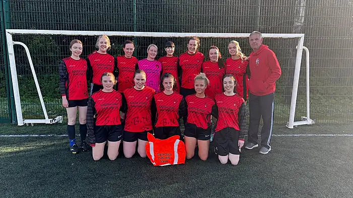 The Bunratty ladies team who beat Beara United 2.0 at the weekend.    Thanks was expressed to Kieran and June Hurley, South Coast Plant Hire, for sponsoring the eye-catching red team jerseys.