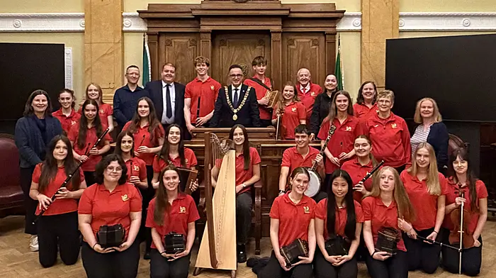 The Comhaltas na Dúglaise group who are travelling to Coventry on a twinning visit next week pictured with the Lord Mayor Cllr Damian Boylan at a reception in the Council Chamber at Cork City Hall.