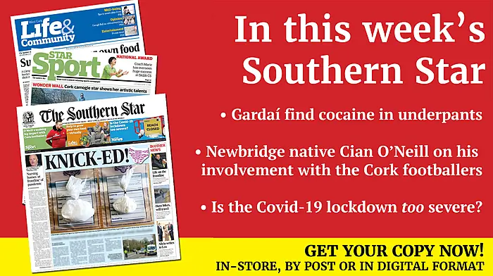 Gardaí find suspected cocaine in suspects' underpants; Nursing homes at 'frontline' of pandemic; Beara horses threatened by raging fire; Direct Provision women in Clonakilty making PPE masks; Glandore Rachael's piano playing spotted by Tiesto; West Cork's lights shine brightly; Interview with Cork football coach Cian O'Neill; Skibb school wins Basketball Ireland award; Interview with Kilbrittain boss Jamie Wall; Rena Buckley on 2005 All-Ireland final win Image