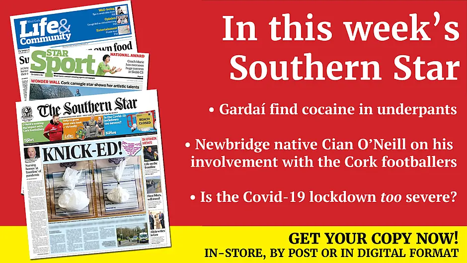 Gardaí find suspected cocaine in suspects' underpants; Nursing homes at 'frontline' of pandemic; Beara horses threatened by raging fire; Direct Provision women in Clonakilty making PPE masks; Glandore Rachael's piano playing spotted by Tiesto; West Cork's lights shine brightly; Interview with Cork football coach Cian O'Neill; Skibb school wins Basketball Ireland award; Interview with Kilbrittain boss Jamie Wall; Rena Buckley on 2005 All-Ireland final win Image