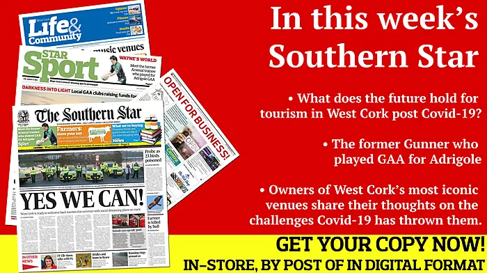 West Cork gears up to welcome tourists this summer; FF Cllr criticises party's talks with FG; Probe into 23 poisoned buzzards; Gardaí issue warning to 'boy racers'; Farmer is killed by bull; Kinsale 'café pod' plans; The Arsenal trainee who played for Adrigole; WCL clubs in favour of completing season; Mercy Heights' stars relive All-Ireland win; Sinead O'Regan goes extra mile for charity; 'Open for Business', our weekly directory of local businesses doing deliveries, takeaways, phone/click & collect across West Cork  Image