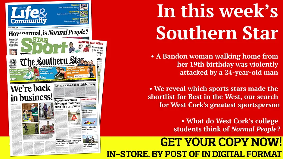 We’re back in business - local firms re-open as restrictions eased; ‘No Covid cases’ in Timoleague meat factory; Whiddy oil tanks are in big demand; Reports of erratic driving as motorists are a bit ‘rusty’ now; Rape accused is out on bail; Woman stalked and attacked after 19th birthday;  Tom Lyons picks his best Carbery football team; Just how good was Amanda Murphy?; Golfers back on the West Cork fairways; We can’t seem to get enough of Normal People – but what do West Cork's college students think of it? Image