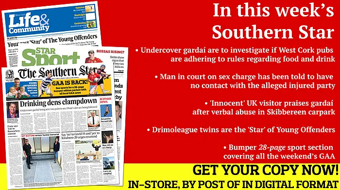 Clampdown on drinking 'dens'; Man in court on sex charge; Is camping the new cool?; 28-page bumper sports section; Drimoleague twins are the 'Star' of Young Offenders Image
