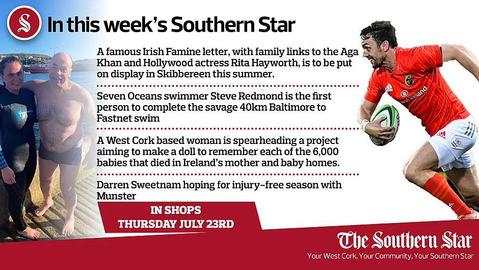 In this week's Southern Star: Another first for Steve; Famine letter has Aga Khan link; Darren Sweetnam hoping for injury-free season with Munster Image