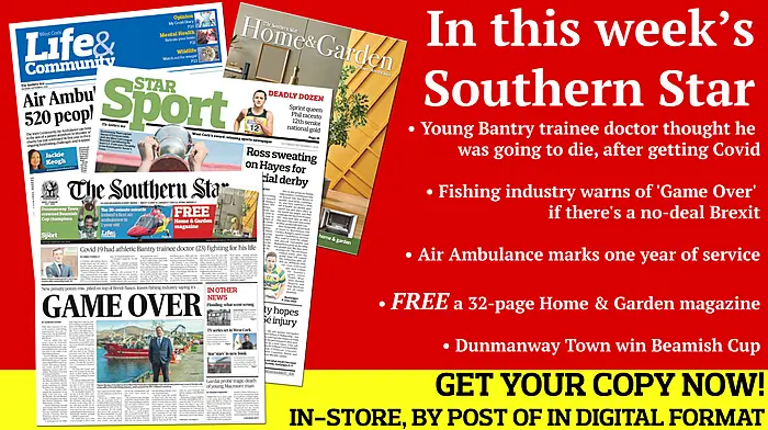 Bantry doctor struck down by Covid; Fishing industry warns of 'Game Over' if there's a no-deal Brexit; FREE Home & Garden magazine; First Day at School picture special; Air Ambulance marks one year of service; Dunmanway Town win Beamish Cup final; Defining weekend in county football championships; West Cork ladies into county final Image
