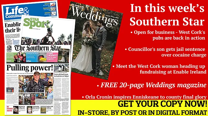 Open for business - West Cork's pubs are back in action; Councillor's son gets jail sentence over cocaine charge; Enniskeane crowned county champions; Extract from Larry Tompkins' new book; Meet the Castletownbere woman who heads up fundraising at Enable Ireland  Image