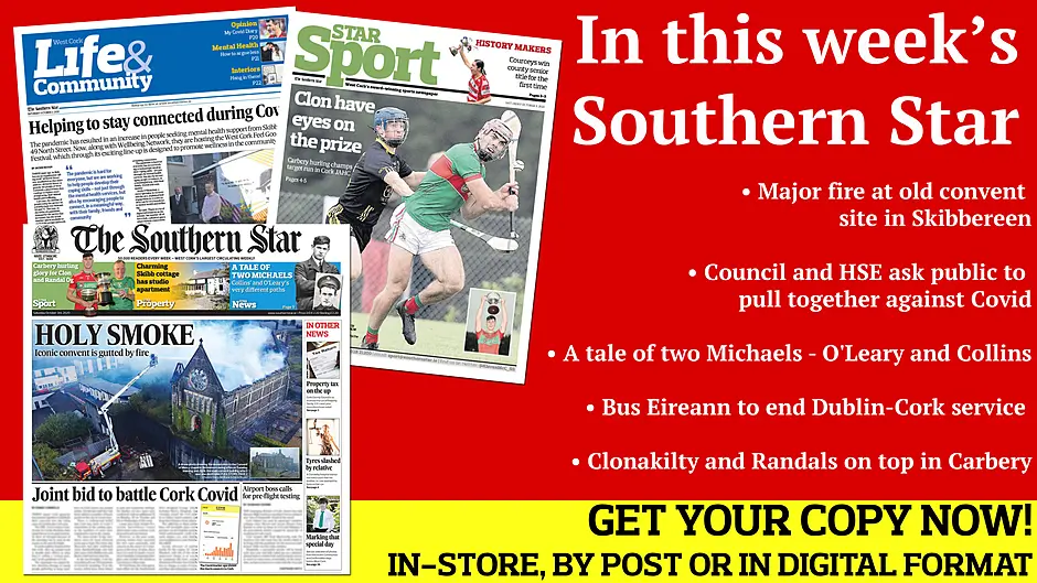 Major fire in Skibbereen; Council and HSE ask public to pull together against Covid; Bus Eireann to end Dublin-Cork service; Clonakilty crowned Carbery junior hurling kings, again Image