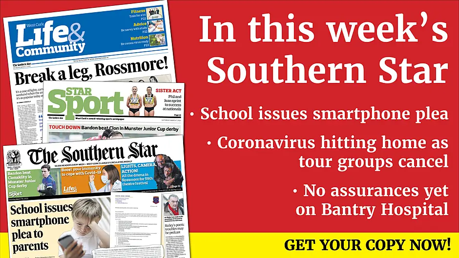 School issues smartphone plea to parents; Bailey planning poetry podcast; Good Samaritan pays for homeless man’s hotel nights; Skibb pupils make waves with light for rowing boats; Coronavirus hitting home as tour group cancels; No assurances yet on Bantry Hospital Image